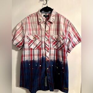 Akoo Tan, Red, and Blue Gradient Mixed Plaid Shirt with Studded Collar-Size L